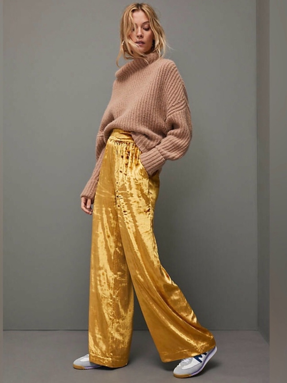MAEVE Anastasia Gold Crushed Velvet wide leg pants